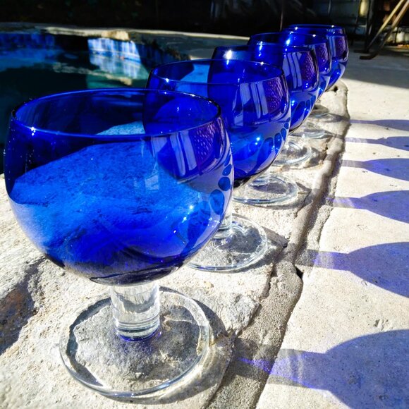 Set of 6 Vintage Crate & Barrel Cobalt Blue Thick Clear Stemmed "Deena" Wine Gla - Picture 6 of 11